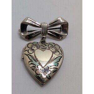 1950s Sterling Silver 925 Hand Painted Heart Bow Art Deco Brooch Cute Jewelry
